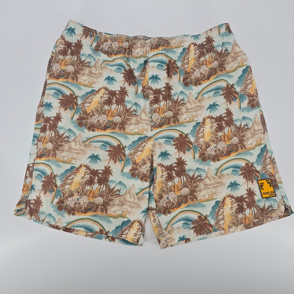 Hang Ten Gold Mens Tropical Hawaiian Print Swim Trunks Blue Brown Large